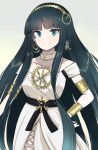 1girl armlet bangs bracelet breasts choker cleopatra_(fate/grand_order) closed_mouth collarbone dark_green_hair dress earrings eyebrows_visible_through_hair fate/grand_order fate_(series) feet_out_of_frame green_eyes hairband hinomaru_(futagun) hoop_earrings jewelry long_dress long_hair looking_at_viewer necklace ring shiny shiny_hair simple_background sleeveless sleeveless_dress smile solo standing white_choker white_dress 