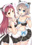  2girls :d animal_ears back back_bow black_bikini_top black_skirt blue_bow blue_eyes blush bow breasts cat_ears cat_hair_ornament cat_tail choker cleavage collarbone commentary_request eyebrows_visible_through_hair frilled_bikini_top frilled_choker frills grey_hair hair_bow hair_ornament half_updo heart long_hair looking_at_viewer looking_back love_live! love_live!_sunshine!! maid maid_bikini medium_breasts multiple_girls navel open_mouth paw_pose pink_bow redhead sakurai_makoto_(custom_size) sakurauchi_riko short_hair skirt smile stomach tail twitter_username watanabe_you white_background white_bow wrist_cuffs yellow_eyes 
