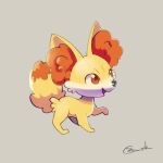  animal_ear_fluff animal_focus artist_name commentary_request fennekin from_side full_body grey_background happy highres looking_up no_humans open_mouth pokemon pokemon_(creature) red_eyes signature simple_background smile solo standing zigrock 
