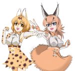  2girls :d animal_ears blonde_hair blue_eyes bow bowtie brown_gloves brown_hair brown_neckwear brown_skirt caracal_(kemono_friends) caracal_ears cross-laced_clothes elbow_gloves extra_ears eyebrows_visible_through_hair gloves hair_between_eyes hand_up high-waist_skirt impossible_clothes impossible_shirt kemono_friends long_hair multiple_girls open_mouth outstretched_arm print_gloves print_neckwear print_skirt saijouji_reika serval_(kemono_friends) serval_ears serval_print shirt simple_background skirt sleeveless sleeveless_shirt smile spotted_hair v white_background white_belt white_gloves yellow_eyes yellow_gloves yellow_neckwear yellow_skirt 