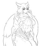  1girl bangs breasts commentary english_commentary eyebrows_visible_through_hair feathers fluffy fur_collar greyscale hair_between_eyes harpy highres large_breasts lineart monochrome monster_girl monster_girl_encyclopedia nav owl_mage_(monster_girl_encyclopedia) solo thick_eyebrows winged_arms 