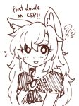  1girl ?? animal_ears bangs blush breasts brooch commentary dress english flying_sweatdrops grin hair_between_eyes imaizumi_kagerou jewelry long_hair long_sleeves looking_at_viewer medium_breasts monochrome simple_background sketch smile sol touhou upper_body white_background wolf_ears wool_(miwol) 