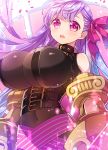  1girl belt_collar bodysuit breasts claws fate/grand_order fate_(series) hair_ribbon highres huge_breasts impossible_bodysuit impossible_clothes long_hair moru o-ring o-ring_top passion_lip pink_eyes pink_ribbon purple_hair purple_ribbon ribbon solo upper_body very_long_hair 