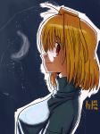  1girl arcueid_brunestud artist_request bangs blue_background breasts commentary crescent_moon dated hair_intakes hair_over_eyes highres looking_to_the_side moon night outline red_eyes short_hair sidelocks smile star_(sky) sweater tsukihime turtleneck white_sweater 