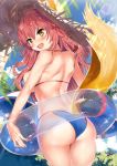  1girl animal_ears ass back bangs bare_shoulders bikini blue_bikini blue_sky blush breasts fate/grand_order fate_(series) fox_ears fox_tail hair_between_eyes hat highres hips innertube kawai large_breasts long_hair looking_at_viewer looking_back palm_tree pink_hair sky smile solo straw_hat sun_hat sunlight swimsuit tail tamamo_(fate)_(all) tamamo_no_mae_(swimsuit_lancer)_(fate) thighs tree waist yellow_eyes 