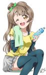  1girl ;d arm_warmers bangs blue_legwear bottle bow commentary_request eyebrows_visible_through_hair green_bow grey_hair grey_skirt hair_bow highres holding holding_bottle holding_towel long_hair looking_at_viewer love_live! love_live!_school_idol_project minami_kotori miniskirt one_eye_closed one_side_up open_mouth round_teeth shirt short_sleeves signature sitting skirt smile solo sweat takeya_yuuki teeth thigh-highs towel upper_teeth water_bottle white_background yellow_eyes yellow_shirt 