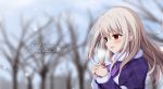  1girl bare_tree blonde_hair blurry blurry_background blush can cat coat commentary copyright_name eyebrows_visible_through_hair fate/kaleid_liner_prisma_illya fate_(series) fur-trimmed_sleeves fur_collar fur_trim hair_between_eyes highres holding holding_can illyasviel_von_einzbern long_hair morokoshi_(tekku) parted_lips plaid_coat red_eyes smile snowing solo steam tree upper_body winter winter_clothes winter_coat 