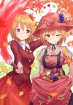  2girls ;) aki_minoriko aki_shizuha apple arm_up autumn_leaves bangs beige_shirt black_choker blonde_hair blush breasts choker commentary_request cowboy_shot dress eyebrows_visible_through_hair food food_themed_hair_ornament frills fruit grape_hair_ornament grapes hair_between_eyes hair_ornament hat highres holding holding_paintbrush juliet_sleeves lace-trimmed_collar lace_trim leaf leaf_hair_ornament long_sleeves looking_at_viewer medium_breasts multiple_girls mushroom nail_polish one_eye_closed paintbrush palette puffy_sleeves red_eyes red_hat red_nails red_shirt red_skirt ribbon_choker roke_(taikodon) shirt short_hair siblings sisters skirt skirt_hold smile standing strapless strapless_dress suspenders sweet_potato tomato touhou white_background 