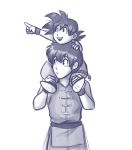  2boys :d black_hair braided_ponytail carrying child chinese_clothes dragon_ball dragon_ball_(classic) drawfag greyscale hand_on_head hands_up looking_to_the_side male_focus monochrome multiple_boys open_mouth piggyback pointing ponytail ranma_1/2 saotome_ranma sketch smile son_gokuu standing wristband 