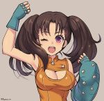  1girl ;d bare_shoulders blue_gloves breasts brown_hair cleavage_cutout diane_(nanatsu_no_taizai) eyebrows_visible_through_hair fingerless_gloves fujimaru_(green_sparrow) gloves large_breasts long_hair looking_at_viewer nanatsu_no_taizai one_eye_closed open_mouth smile solo teeth twintails twitter_username violet_eyes 