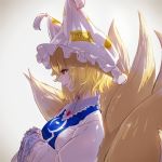  1girl animal_ears bangs blonde_hair brooch dress fox_ears fox_tail frilled_hat frilled_sleeves frills hair_between_eyes half-closed_eyes hat highres jewelry multiple_tails pillow_hat profile shiny shiny_hair shiny_skin short_hair simple_background solo tabard tail takami_masahiro tassel touhou upper_body white_dress yakumo_ran yellow_eyes 