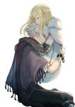  1boy 1girl blonde_hair bracelet cape closed_eyes dress gloves highres hug jewelry long_hair octopath_traveler ophilia_(octopath_traveler) short_hair simple_background smile therion_(octopath_traveler) white_hair wspread 