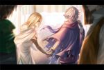  1boy 1girl blonde_hair cape dress gloves hair_over_one_eye hand_holding jewelry long_hair octopath_traveler open_mouth ophilia_(octopath_traveler) short_hair simple_background smile therion_(octopath_traveler) white_hair yuzuponza 