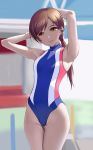  1girl armpits arms_behind_head arms_up bangs blue_swimsuit blush breasts brown_eyes brown_hair closed_mouth highres hips idolmaster idolmaster_cinderella_girls long_hair looking_at_viewer medium_breasts nitta_minami one-piece_swimsuit ponytail smile solo swept_bangs swimsuit taka_(takahirokun) thigh_gap thighs waist 