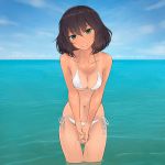  1girl akagi_(fmttps) bangs bikini blue_sky breasts brown_hair cleavage clouds cloudy_sky commentary commentary_request cowboy_shot dark_skin day girls_und_panzer green_eyes hands_together head_tilt hoshino_(girls_und_panzer) leaning_forward looking_at_viewer medium_breasts navel ocean open_mouth outdoors short_hair side-tie_bikini sky smile standing swimsuit tan tanline twitter_username wading wet white_bikini 
