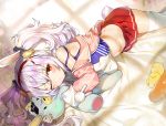  1girl animal_ears azur_lane bangs blush bow breasts closed_mouth commentary eyebrows_visible_through_hair fake_animal_ears fur-trimmed_jacket fur_trim gijang hair_between_eyes hair_bow hairband holding holding_stuffed_animal jacket laffey_(azur_lane) long_hair looking_at_viewer lying midriff navel object_hug off_shoulder on_bed on_side one_eye_closed open_clothes open_jacket pink_jacket rabbit_ears red_hairband red_skirt shiny shiny_skin silver_hair skindentation skirt sleeves_past_wrists small_breasts solo stomach strap_slip stuffed_animal stuffed_bunny stuffed_toy symbol_commentary twintails white_camisole white_legwear 