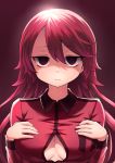  1girl breasts cleavage empty_eyes hands_on_own_chest highres large_breasts long_hair long_sleeves looking_at_viewer neit_ni_sei original partially_unbuttoned red_background red_eyes red_shirt redhead shirt upper_body 