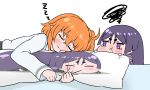  2girls :t ahoge blush chibi closed_eyes closed_mouth commentary_request dakimakura_(object) eyebrows_visible_through_hair facing_viewer fate/grand_order fate_(series) fujimaru_ritsuka_(female) highres jacket jitome long_sleeves lying minamoto_no_raikou_(fate/grand_order) multiple_girls on_side orange_hair pillow pillow_hug pout purple_hair rei_(rei_rr) simple_background smile tears violet_eyes white_background white_jacket zzz 