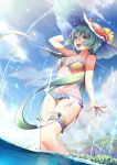  1girl :d arm_at_side arm_up bangs beach bikini blue_sky breasts clouds collarbone commentary_request day dutch_angle eyebrows_visible_through_hair flower frilled_bikini frills green_eyes green_hair hair_between_eyes hand_on_headwear hat hat_flower hatsune_miku long_hair medium_breasts ocean open_mouth outdoors palm_tree see-through sky smile solo standing sunlight swimsuit thigh_strap tree upper_teeth very_long_hair vocaloid wading water white_hat wind xiaosan_ye yellow_bikini 