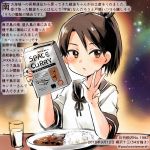  1girl brown_eyes brown_hair brown_sailor_collar colored_pencil_(medium) commentary_request cup curry curry_rice dated drinking_glass food holding kantai_collection kirisawa_juuzou numbered rice sailor_collar school_uniform serafuku shikinami_(kantai_collection) short_hair short_sleeves solo traditional_media translation_request twitter_username v 