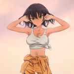  1girl akagi_(fmttps) armpits arms_up bangs breasts brown_hair cleavage closed_mouth commentary cowboy_shot dark_skin eyebrows_visible_through_hair girls_und_panzer gradient gradient_background green_eyes hands_in_hair hoshino_(girls_und_panzer) jumpsuit light_frown looking_at_viewer mechanic medium_breasts midriff navel orange_jumpsuit shirt shirt_pull short_hair solo standing tank_top tied_shirt twitter_username uniform white_shirt 