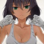  1girl adjusting_shirt akagi_(fmttps) armpits bangs breasts brown_hair cleavage closed_mouth commentary dark_skin eyebrows_visible_through_hair girls_und_panzer gloves green_eyes hoshino_(girls_und_panzer) lips looking_at_viewer mechanic medium_breasts portrait shirt short_hair simple_background solo tank_top twitter_username white_background white_gloves white_shirt 