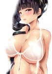  1girl arm_at_side bangs black_hair blunt_bangs breasts cleavage closed_mouth collarbone commentary_request copyright_request front-tie_bikini front-tie_top halter_top halterneck hand_up highres holding holding_hair huge_breasts light_smile long_hair looking_at_viewer navel red_eyes shiny shiny_skin simple_background solo upper_body very_long_hair white_background white_bikini_top 