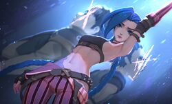  1girl arcane:_league_of_legends arm_up belt blue_eyes blue_hair braid breasts claggor_(arcane) cloud_tattoo fingerless_gloves gloves highres horizontal_stripes jinx_(league_of_legends) league_of_legends looking_at_viewer loose_belt mylo_(arcane) navel pants sideboob stomach stomach_tattoo striped striped_pants tattoo tenshin_kagehisa twin_braids 