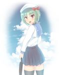  1girl absurdres bag black_legwear bow brown_bag carrying_bag character_request clouds cloudy_sky green_hair hair_bow highres holding holding_bag looking_at_viewer open_mouth pleated_skirt red_bow school_uniform senren_banka serafuku short_hair skirt sky uniform yuzf yuzu-soft 