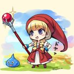  1girl :d bangs blonde_hair blush_stickers bracelet braid chibi dragon_quest dragon_quest_xi dress eyebrows_visible_through_hair fujimaru_(green_sparrow) full_body hand_on_hip hat jewelry lowres open_mouth puffy_short_sleeves puffy_sleeves red_hat short_sleeves slime_(dragon_quest) smile solo standing twin_braids twitter_username v-shaped_eyebrows veronica_(dq11) violet_eyes 