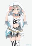  1girl absurdres adjusting_hood aoba_moka asymmetrical_clothes bang_dream! belt blue_neckwear bow bowtie chains collarbone commentary_request ghost_costume grey_background grey_hair highres honorikiti hood hood_up looking_at_viewer mismatched_legwear navel polka_dot polka_dot_legwear simple_background skirt smile solo stomach striped striped_legwear thigh-highs tongue torn_clothes twitter_username vertical-striped_legwear vertical_stripes 