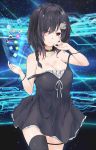  1girl absurdres apple_inc. bare_shoulders black_dress black_hair black_legwear bracelet braid breasts cellphone choker cleavage compass creatures_(company) dress fate/grand_order fate_(series) game_freak hair_ornament hairclip highres icon iphone jewelry large_breasts line_(naver) long_hair looking_at_viewer musical_note nintendo off_shoulder original personification phone pokemon pokemon_go red_eyes saku_(kudrove) single_braid single_thighhigh smartphone solo star strap_slip symbol-shaped_pupils thigh-highs twitter 