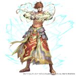  1boy 23/7 abs armor brown_eyes brown_hair electricity fist_in_hand gem hands_together looking_at_viewer male_focus muscle navel official_art sandals smile solo standing suiact white_background 