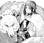  1girl ainu ainu_clothes asirpa asu_(asoras) bandanna bow_(weapon) cape earrings fingerless_gloves fur_cape gloves golden_kamuy greyscale hoop_earrings jewelry long_hair looking_at_viewer monochrome retar simple_background weapon white_background wide_sleeves wolf 