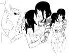  2girls casual clothes_writing couple cyber_dragon-kun half-closed_eyes hand_on_another&#039;s_arm hand_on_another&#039;s_neck hidden_eyes hug imminent_kiss kiss kuroki_tomoko low_twintails monochrome multiple_girls profile raglan_sleeves romaji shirt shorts skirt striped striped_shirt tamura_yuri twintails watashi_ga_motenai_no_wa_dou_kangaetemo_omaera_ga_warui! yuri 