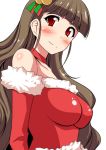  1girl bangs bare_shoulders bell blunt_bangs blush breasts brown_hair choker christmas closed_mouth commentary_request crop_top elbow_gloves eyebrows_visible_through_hair from_side fur-trimmed_gloves fur-trimmed_shirt fur_trim gloves idolmaster idolmaster_cinderella_girls kamiya_nao long_hair looking_at_viewer looking_to_the_side medium_breasts raised_eyebrows red_choker red_eyes red_gloves ringed_eyes santa_costume shiny shiny_clothes simple_background smile solo stiel thick_eyebrows upper_body very_long_hair white_background 
