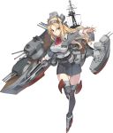  1girl blonde_hair blue_eyes breasts headgear kantai_collection konishi_(koconatu) large_breasts long_hair machinery military military_uniform nelson_(kantai_collection) official_art outstretched_arm remodel_(kantai_collection) thigh-highs turret uniform weapon zettai_ryouiki 
