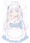  1girl animal_ears apron asymmetrical_sleeves bangs blue_dress blush cat_ears cat_girl cat_tail closed_mouth colored_eyelashes commentary_request cross-laced_clothes detached_sleeves dress eyebrows_visible_through_hair fingernails frilled_apron frills green_ribbon hair_between_eyes hand_to_own_mouth hand_up highres long_sleeves maid maid_headdress mofuaki original pantyhose puffy_short_sleeves puffy_sleeves ribbon short_sleeves silver_hair simple_background sleeveless sleeveless_dress smile solo tail tail_raised unaligned_ears waist_apron white_apron white_background white_legwear 