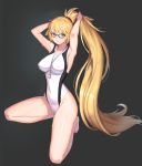  1girl absurdres arms_up bespectacled blonde_hair blue_eyes breasts competition_swimsuit fate/grand_order fate_(series) full_body glasses grey_background highres impossible_clothes impossible_swimsuit jeanne_d&#039;arc_(fate)_(all) jeanne_d&#039;arc_(swimsuit_archer) jeongjae_(jj) large_breasts long_hair looking_at_viewer one-piece_swimsuit ponytail simple_background solo swimsuit whistle whistle_around_neck white_swimsuit 