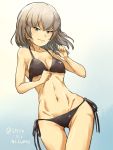  1girl angry bangs bikini black_bikini blue_background blue_eyes breasts cleavage clenched_hands commentary cowboy_shot dutch_angle emblem frown girls_und_panzer gradient gradient_background grimace highres itsumi_erika leaning_to_the_side long_hair looking_at_viewer medium_breasts navel shio_nizumu side-tie_bikini silver_hair solo standing swimsuit thigh_gap twitter_username v-shaped_eyebrows 