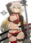  1girl arm_behind_head bangs bikini black_bikini black_choker black_gloves black_jacket breasts choker cleavage commentary_request cropped_jacket eyebrows_visible_through_hair facing_viewer fate/grand_order fate_(series) gloves hair_between_eyes highres holding holding_sword holding_weapon jacket jeanne_d&#039;arc_(alter_swimsuit_berserker) jeanne_d&#039;arc_(fate)_(all) katana large_breasts long_hair looking_at_viewer midriff multiple_swords navel o-ring o-ring_bikini o-ring_bottom o-ring_top parted_lips red_legwear single_thighhigh siqi_(miharuu) swimsuit sword thigh-highs thigh_strap very_long_hair waist weapon white_hair yellow_eyes 