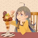  1girl ahoge alternate_costume chair colis commentary_request dessert dress food glass grey_eyes grey_hair hair_between_eyes ice_cream kantai_collection kiyoshimo_(kantai_collection) long_hair low_twintails parfait solo twintails twitter_username upper_body very_long_hair wafer_stick yellow_dress 