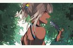  1girl altera_(fate) arlizi back_tattoo bare_shoulders bush dark_skin eyebrows_visible_through_hair fate/grand_order fate_(series) food grey_hair hair_ornament hairclip holding holding_food ice_cream open_mouth popsicle red_eyes sideways_glance solo tan tattoo tied_hair tree 