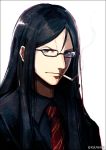  1boy black_hair black_jacket black_shirt brown_eyes cigarette commentary_request fate/grand_order fate_(series) glasses hair_between_eyes jacket kei-suwabe long_hair looking_at_viewer lord_el-melloi_ii lord_el-melloi_ii_case_files male_focus necktie revision shirt smoking twitter_username upper_body waver_velvet 