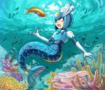  1girl android blue_eyes blush bubble capcom commentary_request coral elbow_gloves fish fish_tail full_body gloves helmet mermaid monster_girl open_mouth rockman rockman_(classic) rockman_9 solo splash_woman tail teeth tentokki tongue underwater 