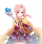  1girl cape closed_mouth ethlin_(fire_emblem) fire_emblem fire_emblem:_seisen_no_keifu highres holding holding_staff long_hair long_sleeves miwabe_sakura nintendo petals pink_eyes pink_hair purple_skirt sidelocks simple_background skirt solo staff white_background 