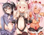  3girls animal_ear_fluff animal_ears ass_visible_through_thighs baram bare_hips bare_shoulders bell black_hair black_legwear black_leotard black_panties black_skirt blonde_hair blush breasts breasts_apart brown_eyes cat_ears cat_girl center_opening chloe_von_einzbern claws collar commentary_request crop_top dark_skin elbow_gloves fake_animal_ears fate/kaleid_liner_prisma_illya fate_(series) fur-trimmed_skirt fur_collar gloves grey_legwear groin hair_ornament hairclip highres illyasviel_von_einzbern jingle_bell leotard long_hair looking_at_viewer microskirt midriff miyu_edelfelt multiple_girls navel o-ring open_mouth panties paw_gloves paw_pose paw_shoes paws pink_hair ponytail red_eyes ribbon shoes skirt small_breasts smile stomach thigh-highs thigh_gap tongue tongue_out twintails underwear 