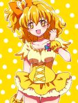  1girl :d bangs bow breasts choker collarbone cure_pine dress earrings eyebrows_visible_through_hair fresh_precure! hair_bow hair_ornament heart heart_earrings heart_hair_ornament high_ponytail jewelry kagami_chihiro looking_at_viewer magical_girl medium_breasts open_mouth orange_choker orange_hair polka_dot polka_dot_background precure shiny shiny_hair shiny_skin short_dress short_hair short_sleeves side_ponytail smile solo two-tone_background wrist_cuffs yamabuki_inori yellow_background 