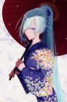  1girl absurdly_long_hair aqua_hair blue_kimono brynhildr_(fate) closed_mouth fate/prototype fate/prototype:_fragments_of_blue_and_silver fate_(series) fingernails holding holding_umbrella japanese_clothes kimono long_hair long_sleeves looking_at_viewer oriental_umbrella patterned_clothing ponytail shiny shiny_hair smile snow snowflakes snowing solo suguru_(a129214673) symbol_commentary umbrella very_long_hair violet_eyes 