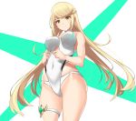  1girl blonde_hair blush breasts closed_mouth commentary_request covered_navel dollinger earrings highres mythra_(xenoblade) jewelry leg_garter long_hair medium_breasts nintendo one-piece_swimsuit smile solo standing swimsuit very_long_hair white_swimsuit xenoblade_(series) xenoblade_2 yellow_eyes 